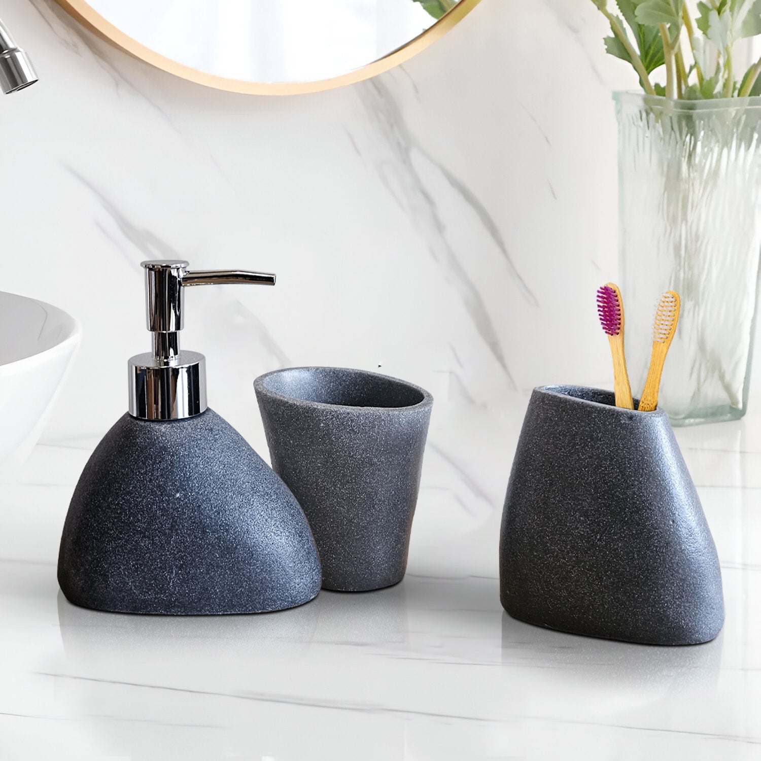 Elegant 3-Piece Stone Effect Resin Bathroom Accessory Set - Modern & Durable