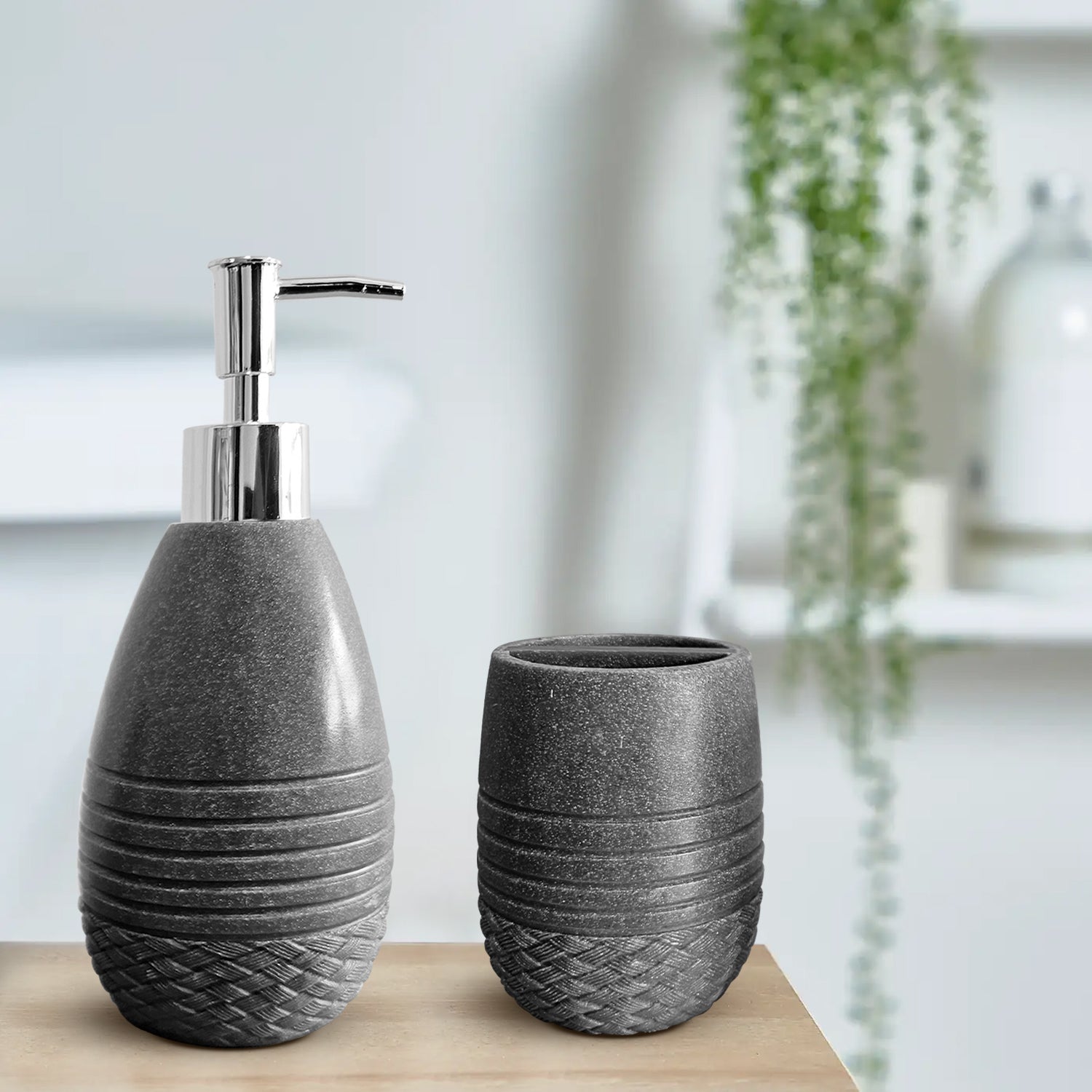 Elegant Stone Effect Resin Bathroom Set: Dispenser, Toothbrush Holder, Tumbler