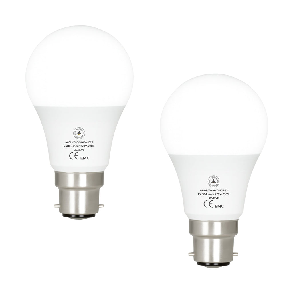 Efficient 7W LED A60 B22 Bayonet Bulb, 6400K Cool White Light