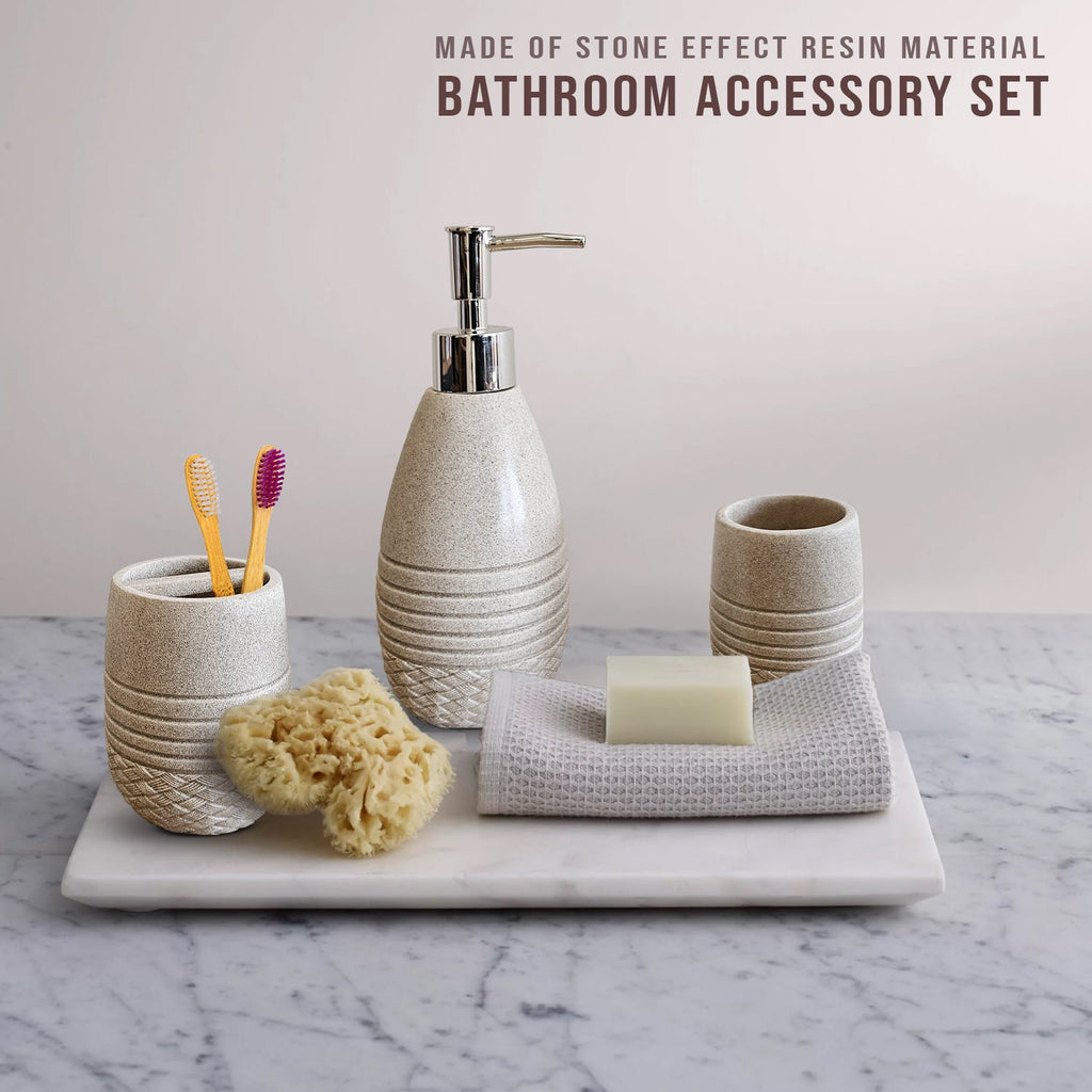 Elegant Stone Effect Resin Bathroom Set: Dispenser, Toothbrush Holder, Tumbler