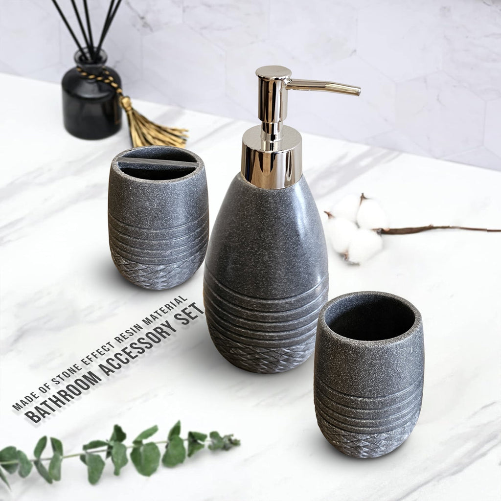 Elegant Stone Effect Resin Bathroom Set: Dispenser, Toothbrush Holder, Tumbler