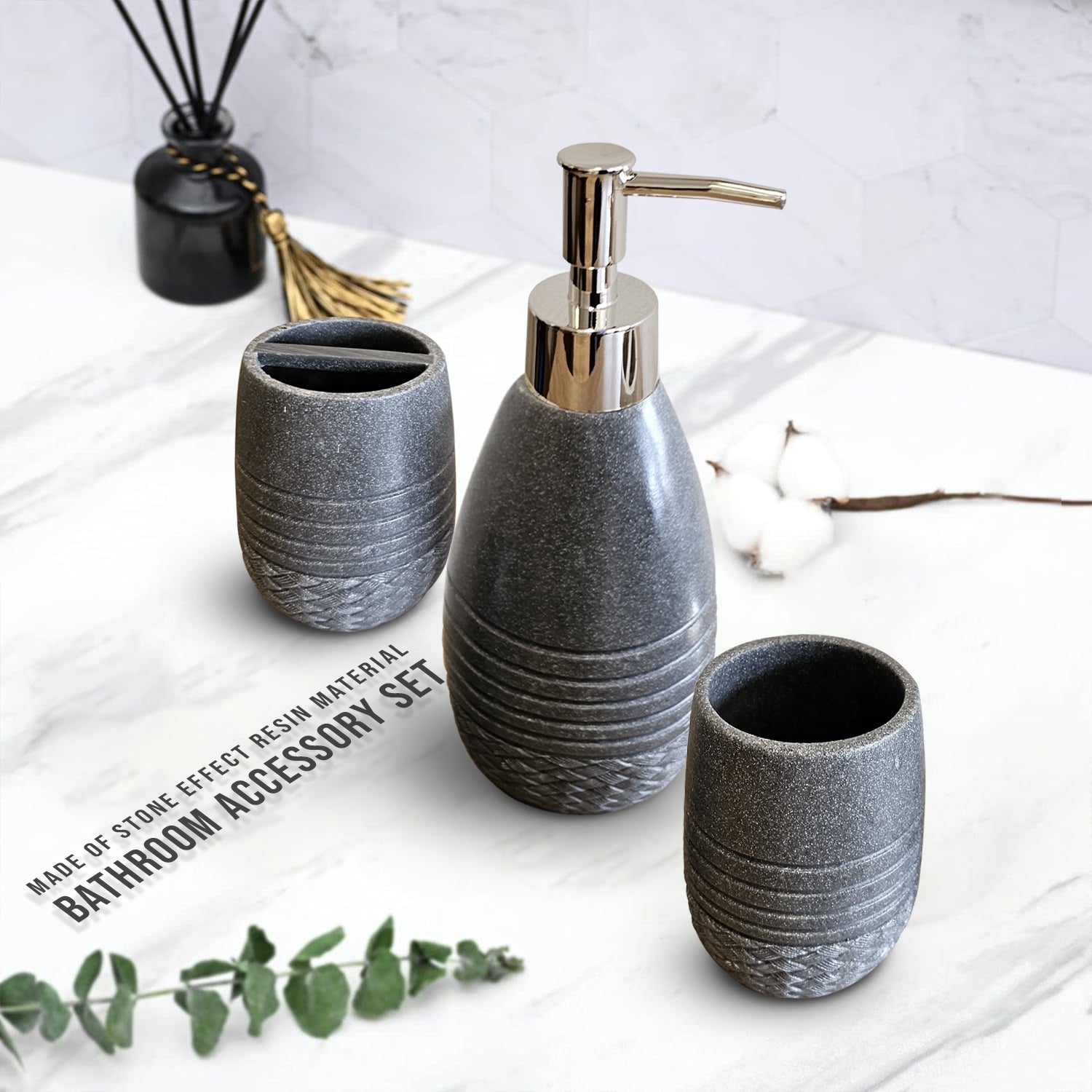 Elegant Stone Effect Resin Bathroom Set: Dispenser, Toothbrush Holder, Tumbler