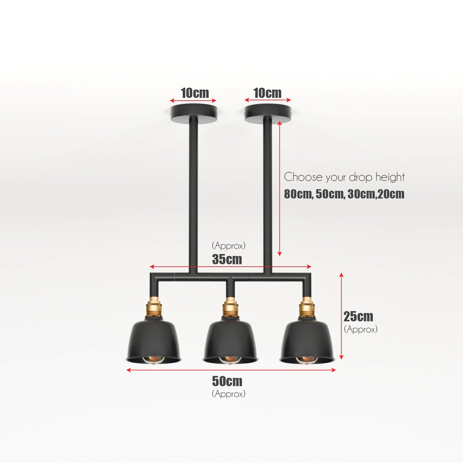 Industrial 3-Way Conduit Pipe Ceiling Pendant Light Fixture with Dome Shades