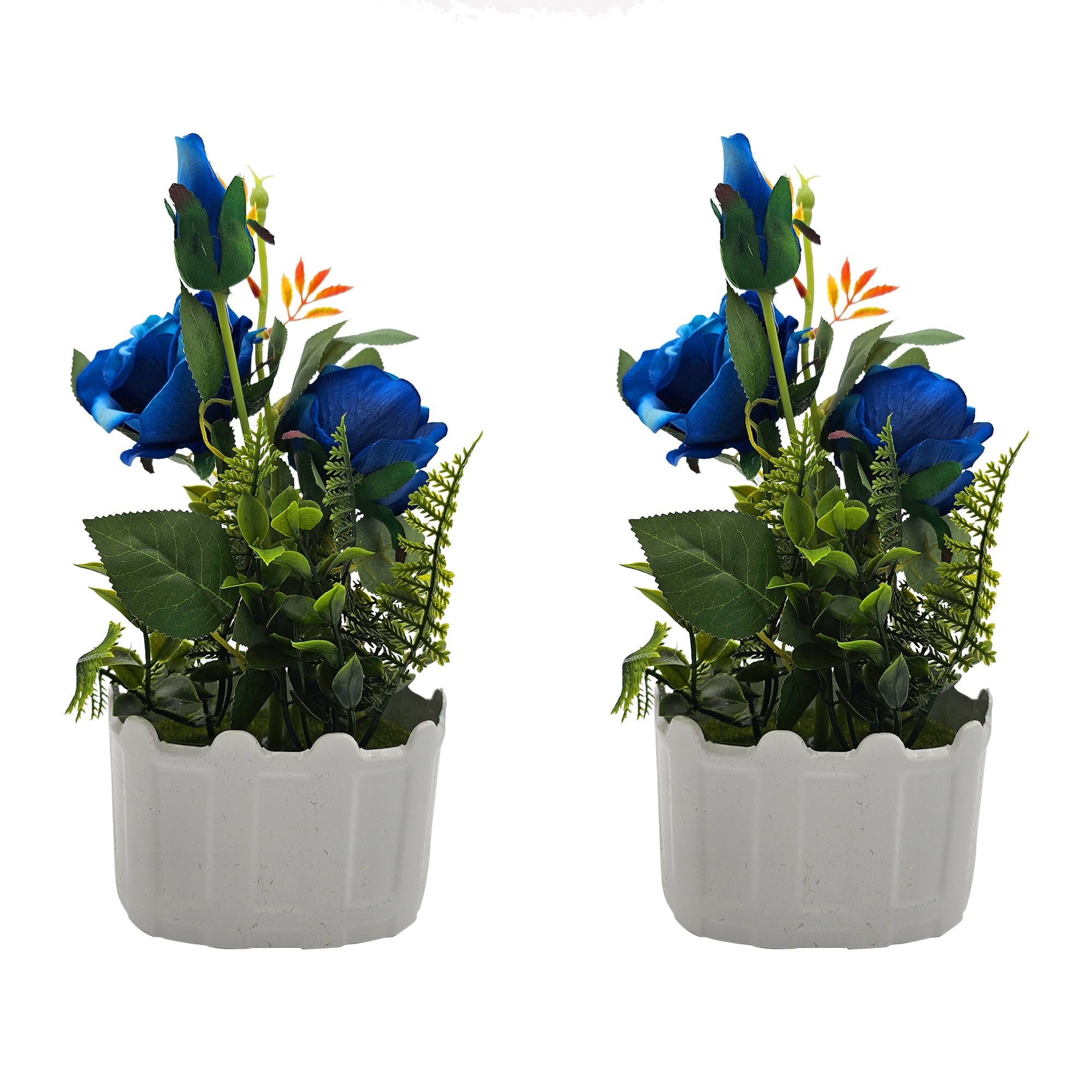Artificial Silk Rose Flower Set with Elegant White Pot 2 Pack