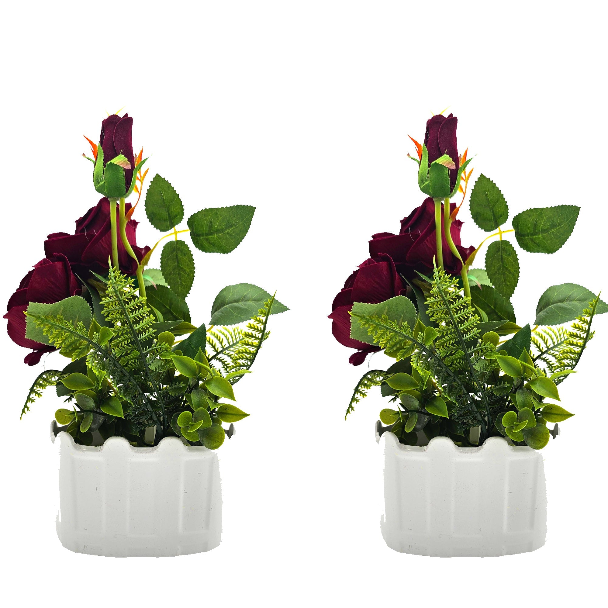 Artificial Silk Rose Flower Set with Elegant White Pot 2 Pack