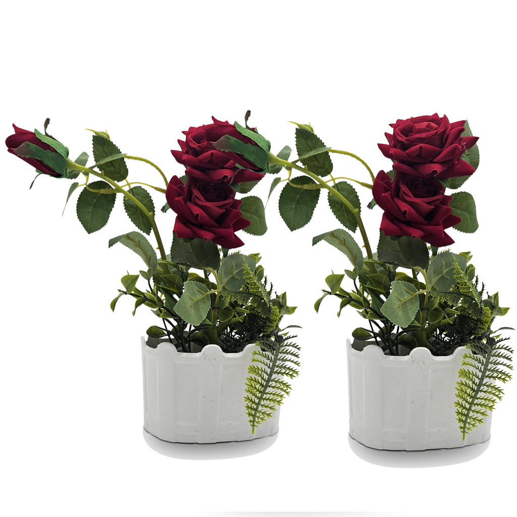 Artificial Silk Rose Flower Set with Elegant White Pot 2 Pack