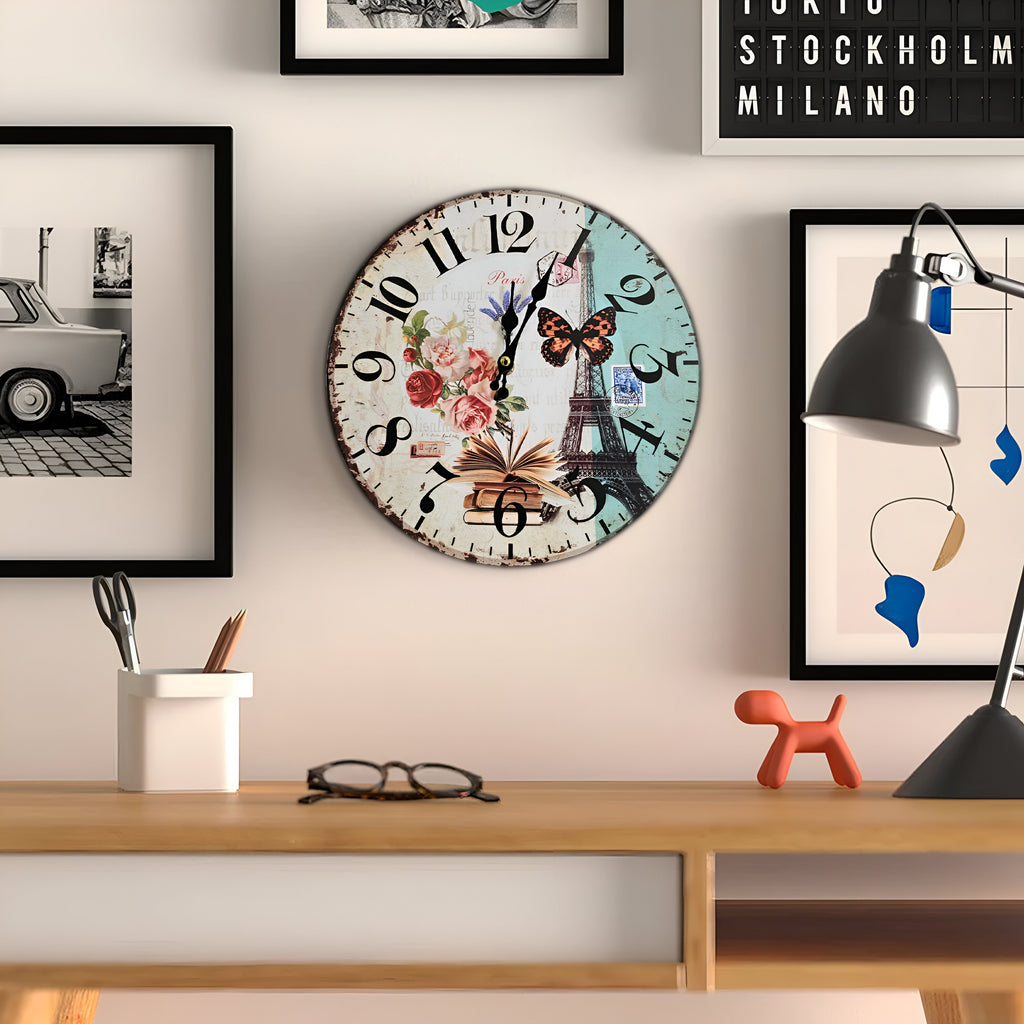 Retro Round Shabby Chic Patchwork Wooden Decorative Wall Art Clock