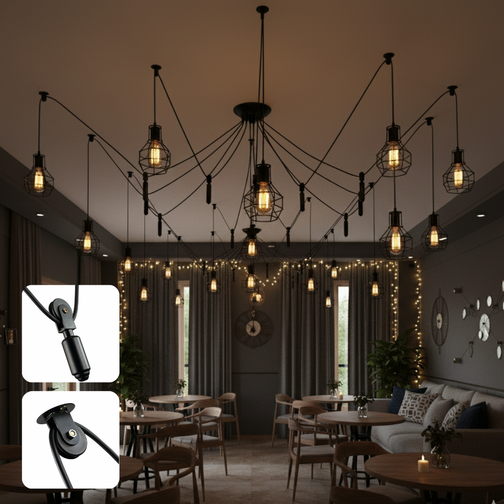 Industrial Vintage 8-Light Spider Pendant Lighting Fixture with Metal Cages