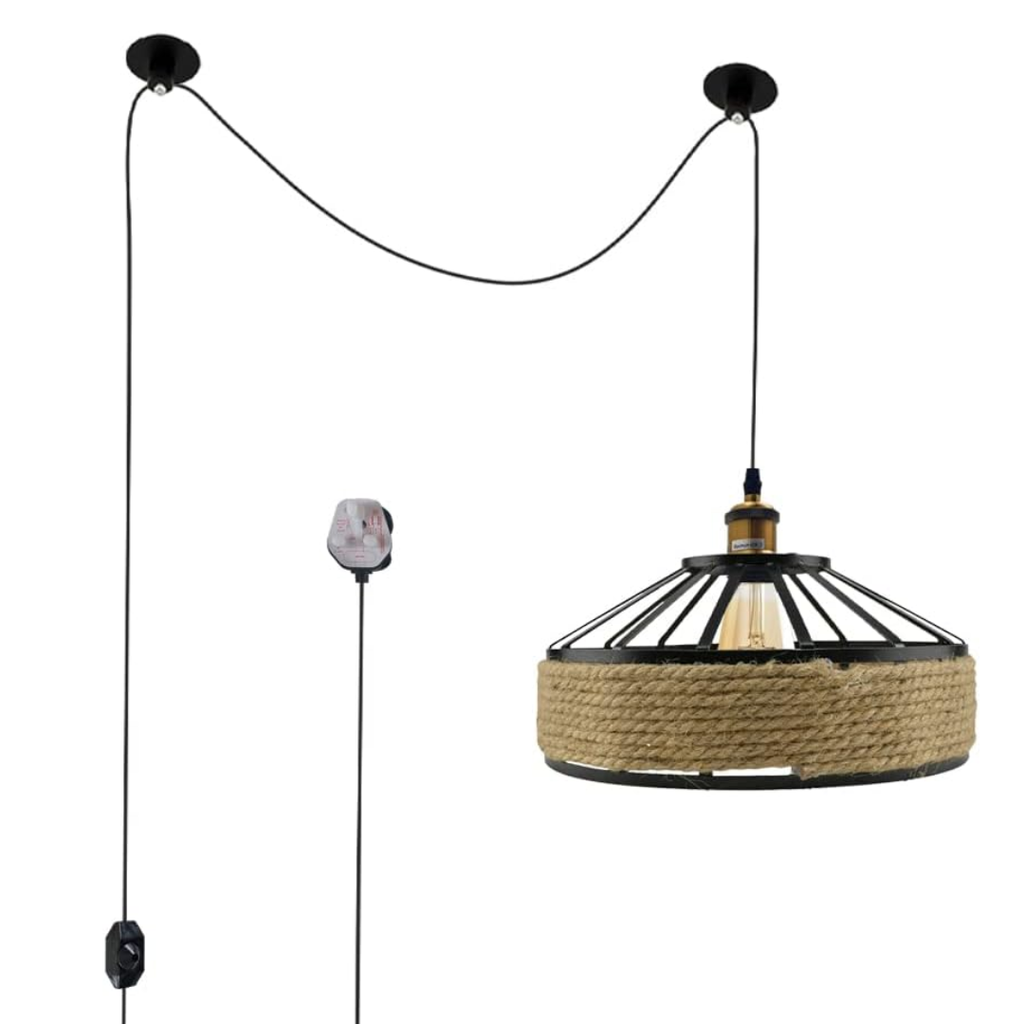 Boho-Chic Hemp Rope Plug-In Pendant Light Dimmer Vintage Industrial E27