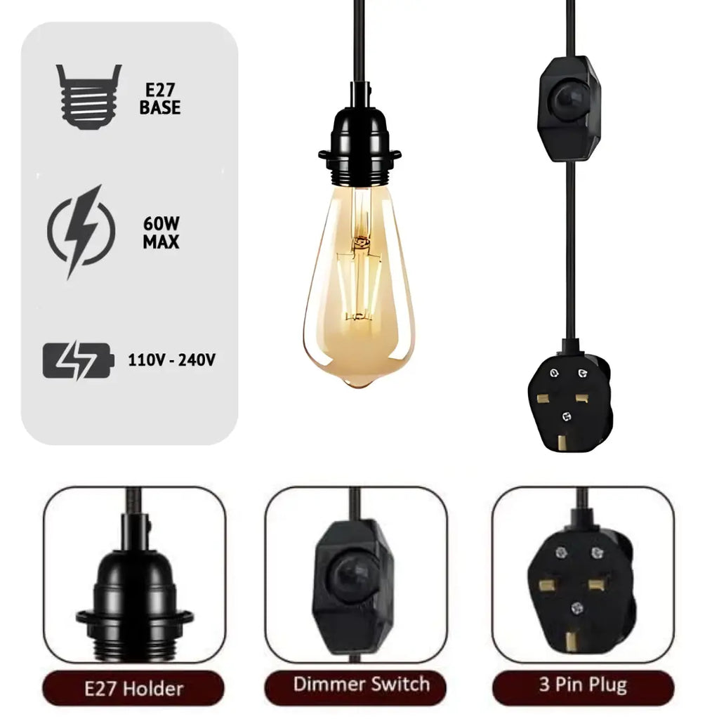 Vintage E27 Dimmable Fabric Plug-in Pendant Light Holder with Free Bulb