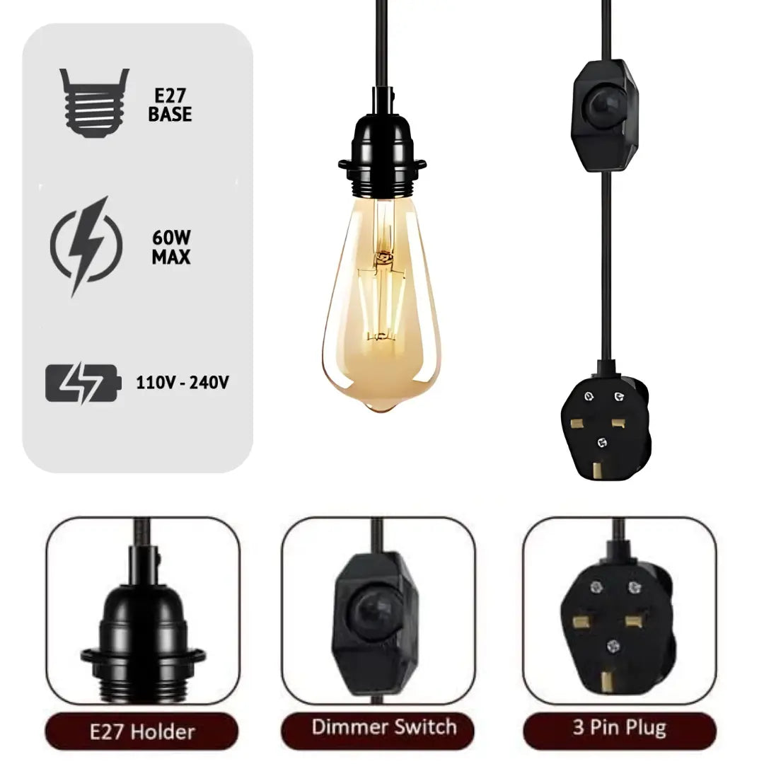 Vintage E27 Dimmable Fabric Plug-in Pendant Light Holder with Free Bulb