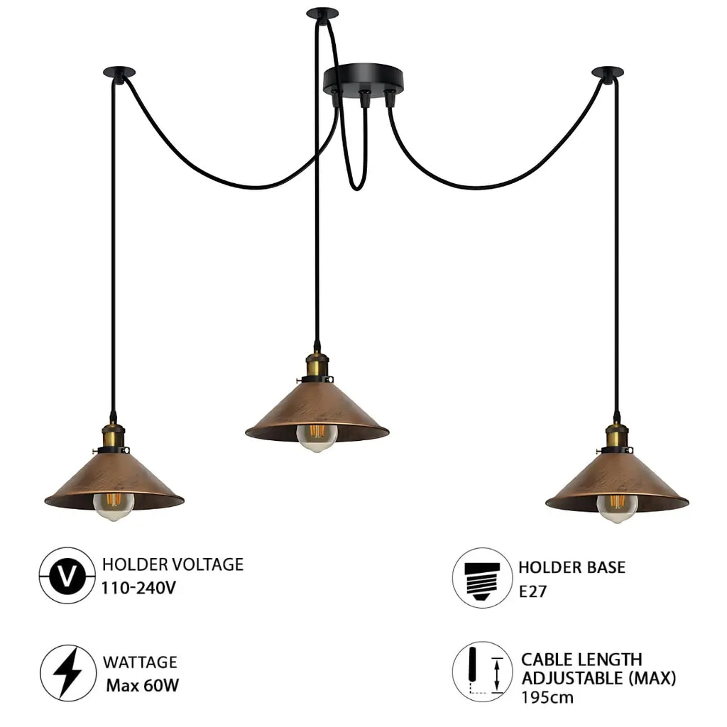 Elegant 3-Way Spider Pendant Light with Brushed Copper Shades, Adjustable Cables