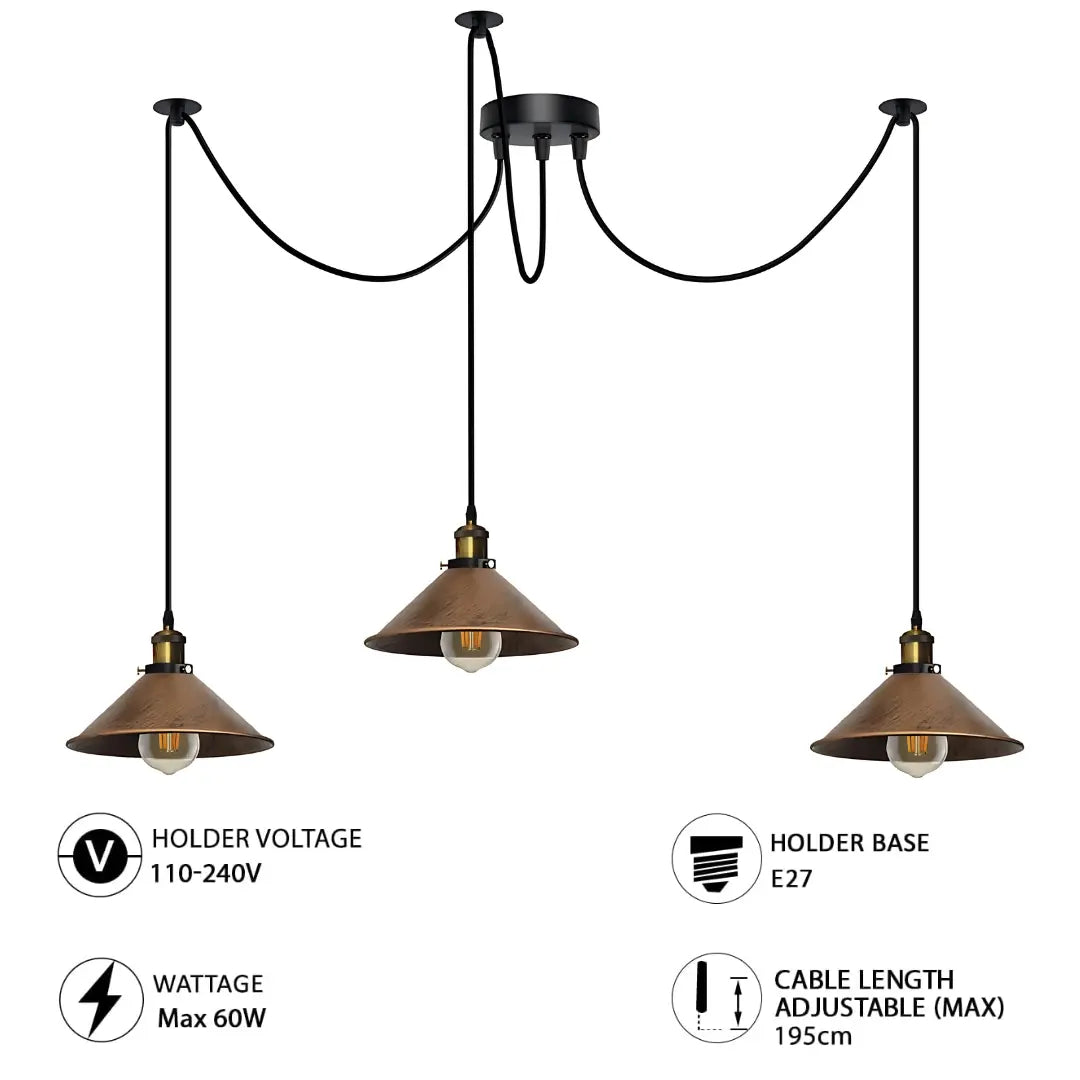 Elegant 3-Way Spider Pendant Light with Brushed Copper Shades, Adjustable Cables