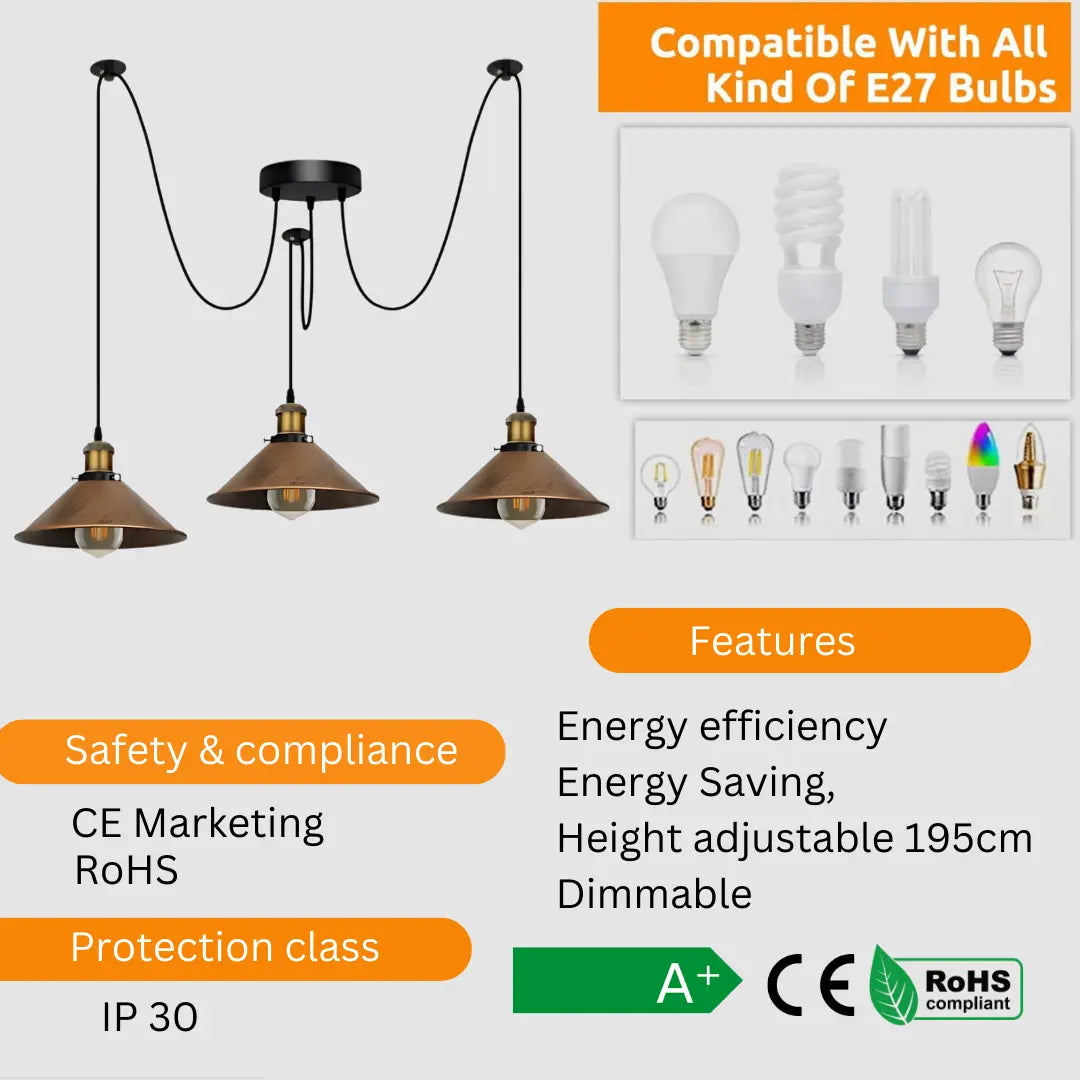 Elegant 3-Way Spider Pendant Light with Brushed Copper Shades, Adjustable Cables