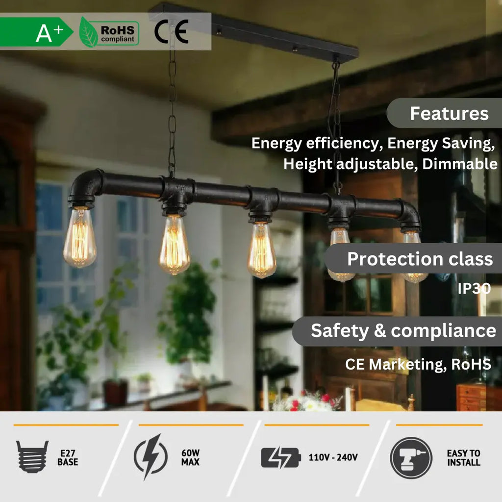 Industrial Waterpipe 5-Light Chandelier, Rustic Black Metal Ceiling Fixture