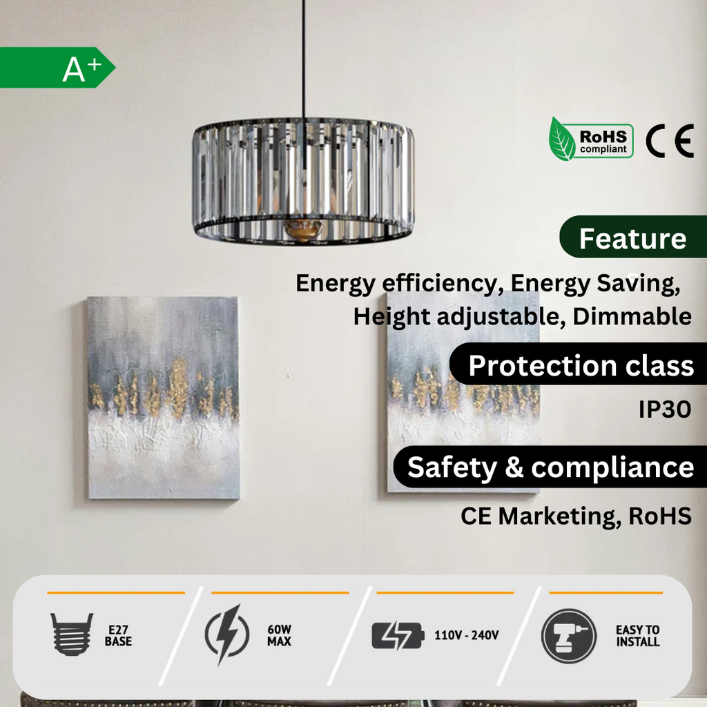 Modern Crystal Glass Drum Shade Pendant Light – Elegant Hanging Chandelier Fixture