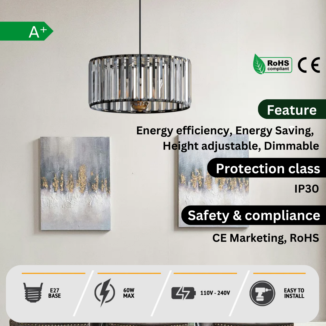 Modern Crystal Glass Drum Shade Pendant Light – Elegant Hanging Chandelier Fixture