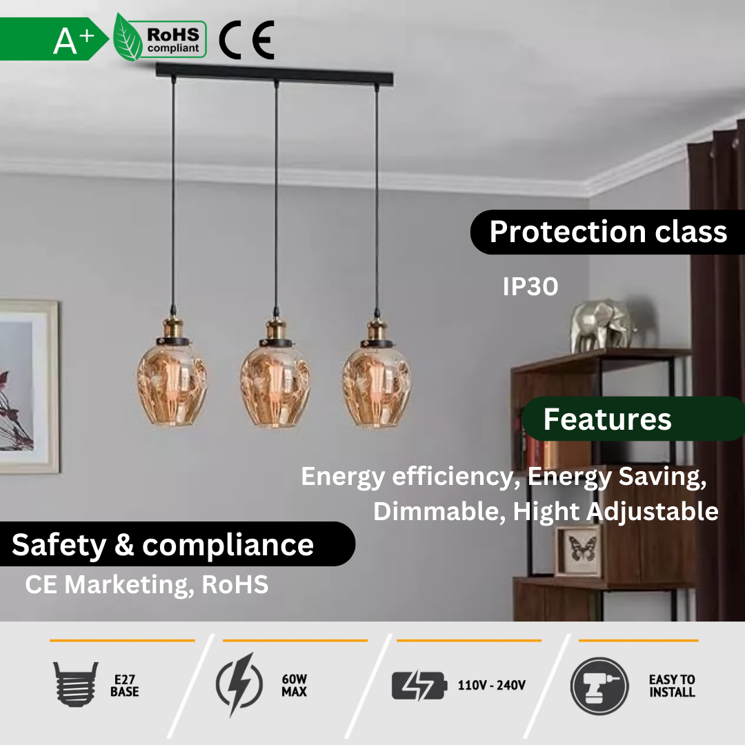 Industrial Retro Loft Style 3-Way Glass Ceiling Pendant Light Fixture