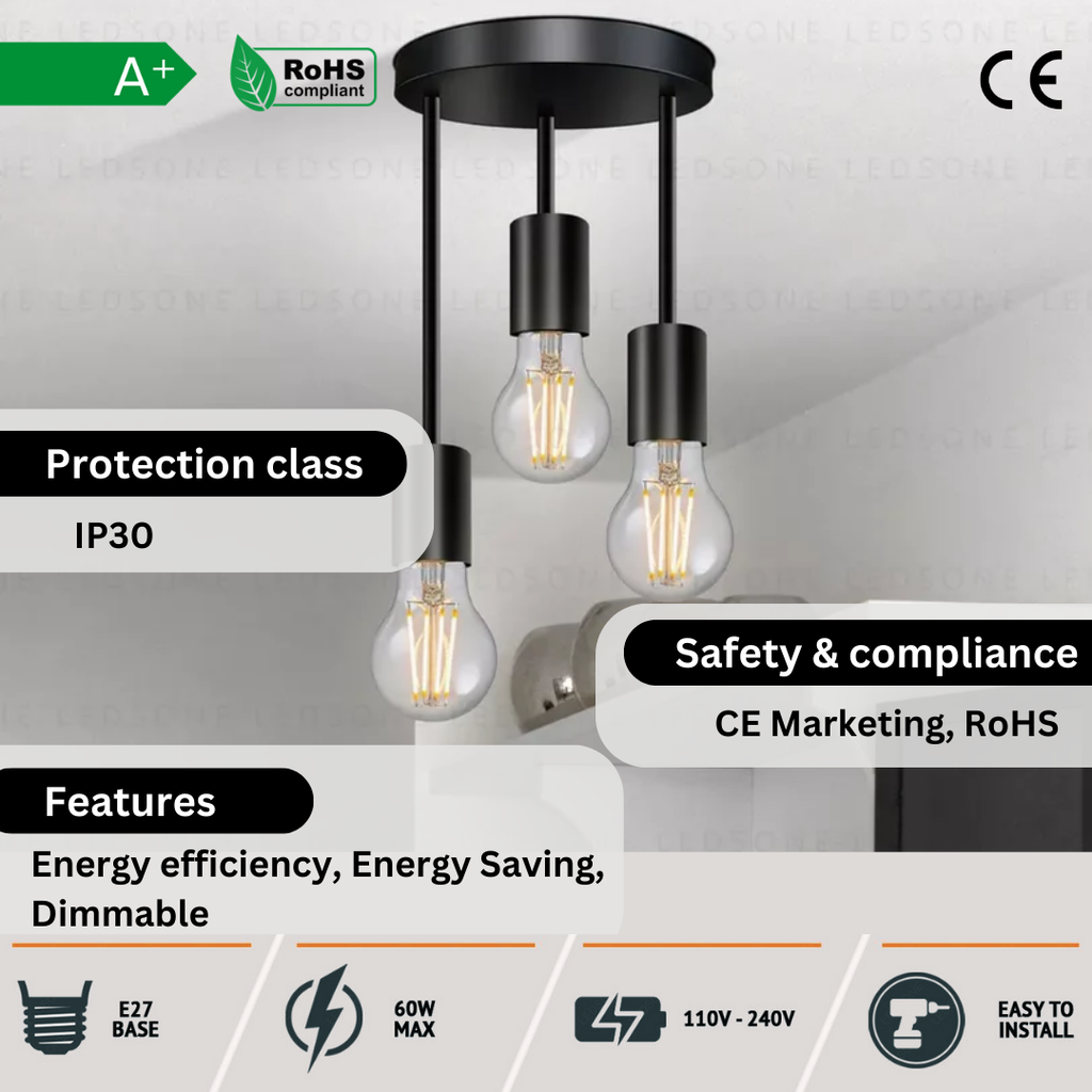 Modern 3-Way Black Metal Flush Mount Ceiling Light Fixture with E27 Sockets