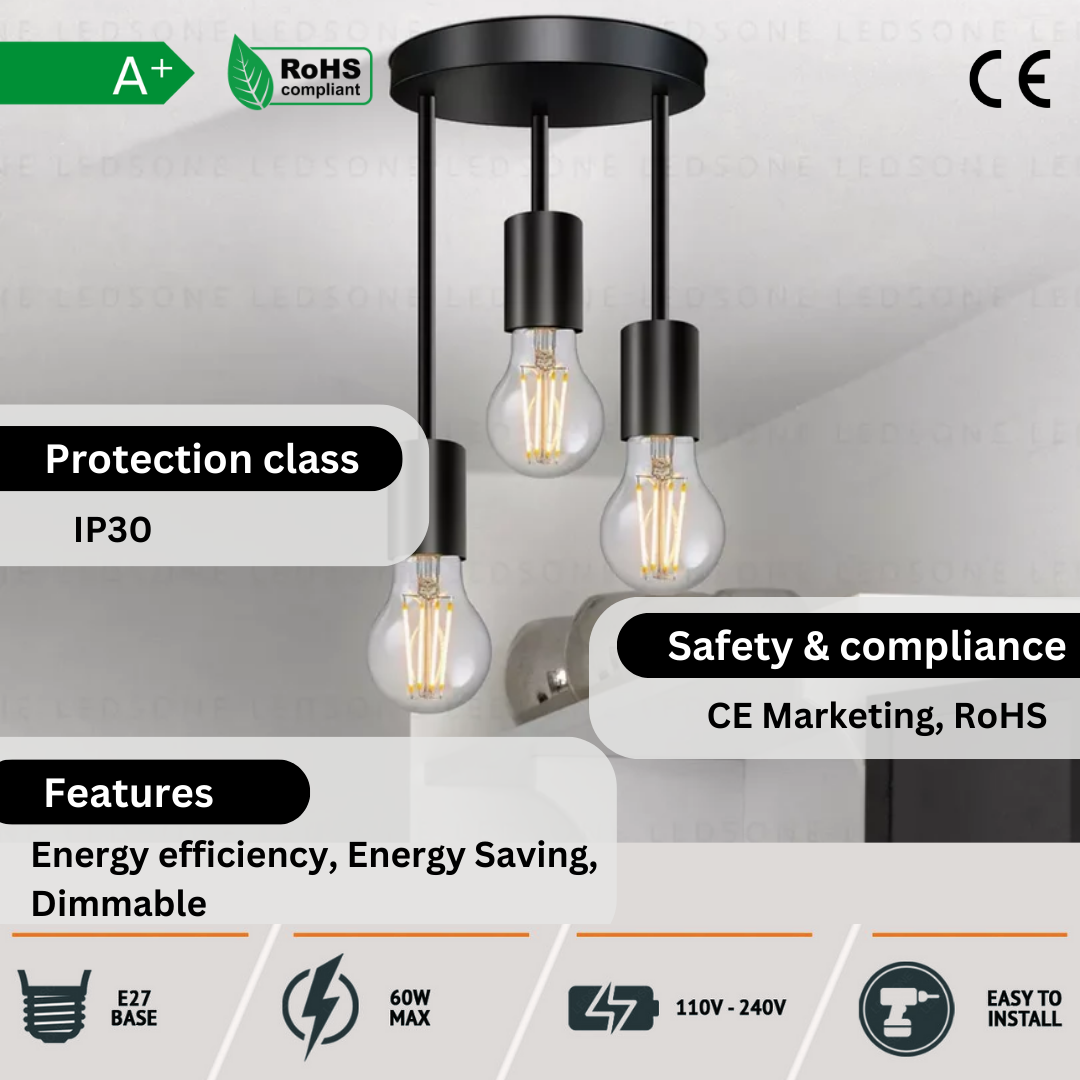 Modern 3-Way Black Metal Flush Mount Ceiling Light Fixture with E27 Sockets
