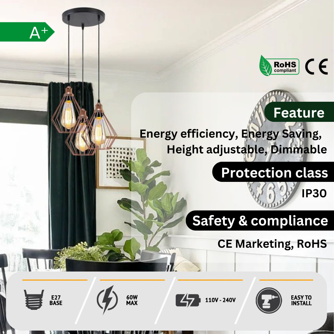 Vintage Industrial 3-Light E27 Cage Pendant Ceiling Light Fixture Metal