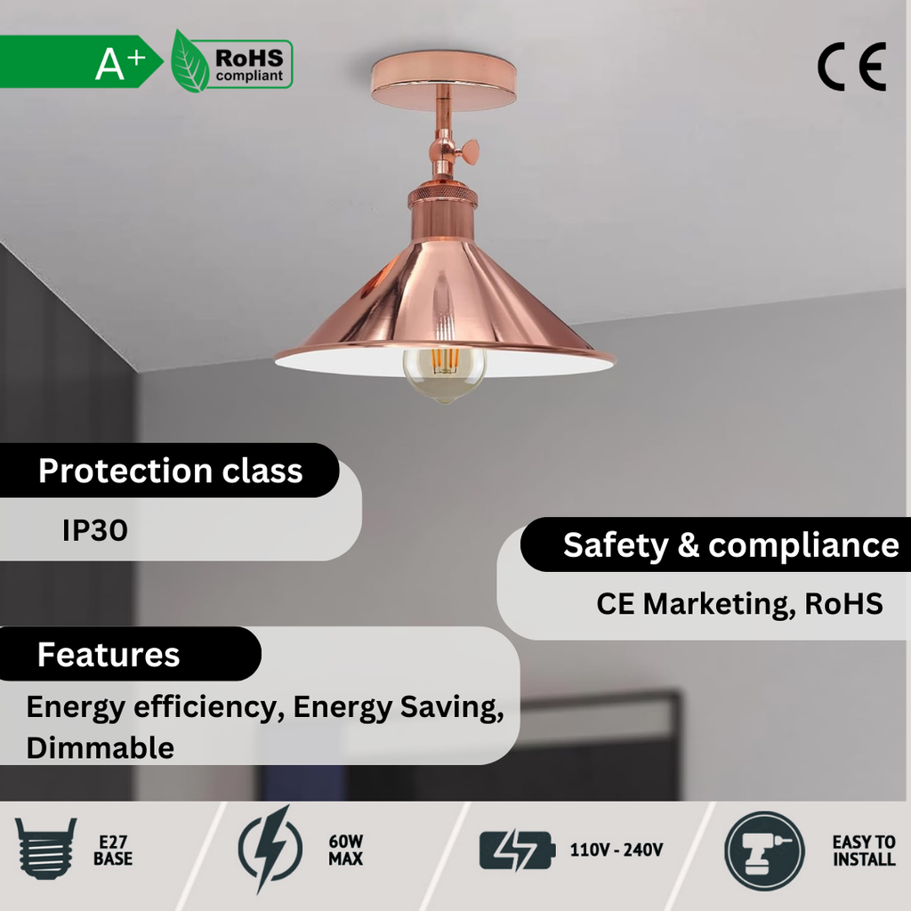 Adjustable Metal Semi-Flush Mount Ceiling Light, Cone Shade, Vintage Industrial Style