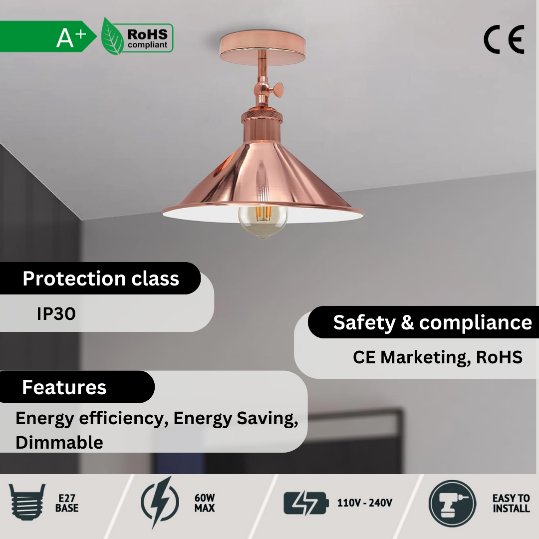 Adjustable Industrial Semi-Flush Mount Metal Cone Ceiling Light