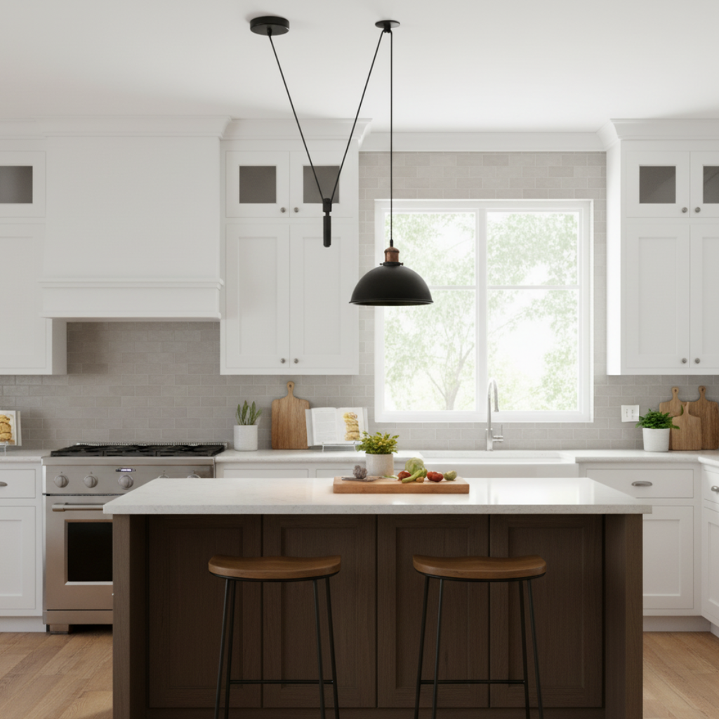 Industrial Farmhouse 2M Adjustable Metal Pulley Pendant Light Fixture