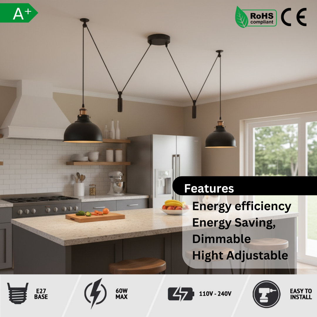 Industrial Matte Black Double Pulley Adjustable Pendant Light Fixture