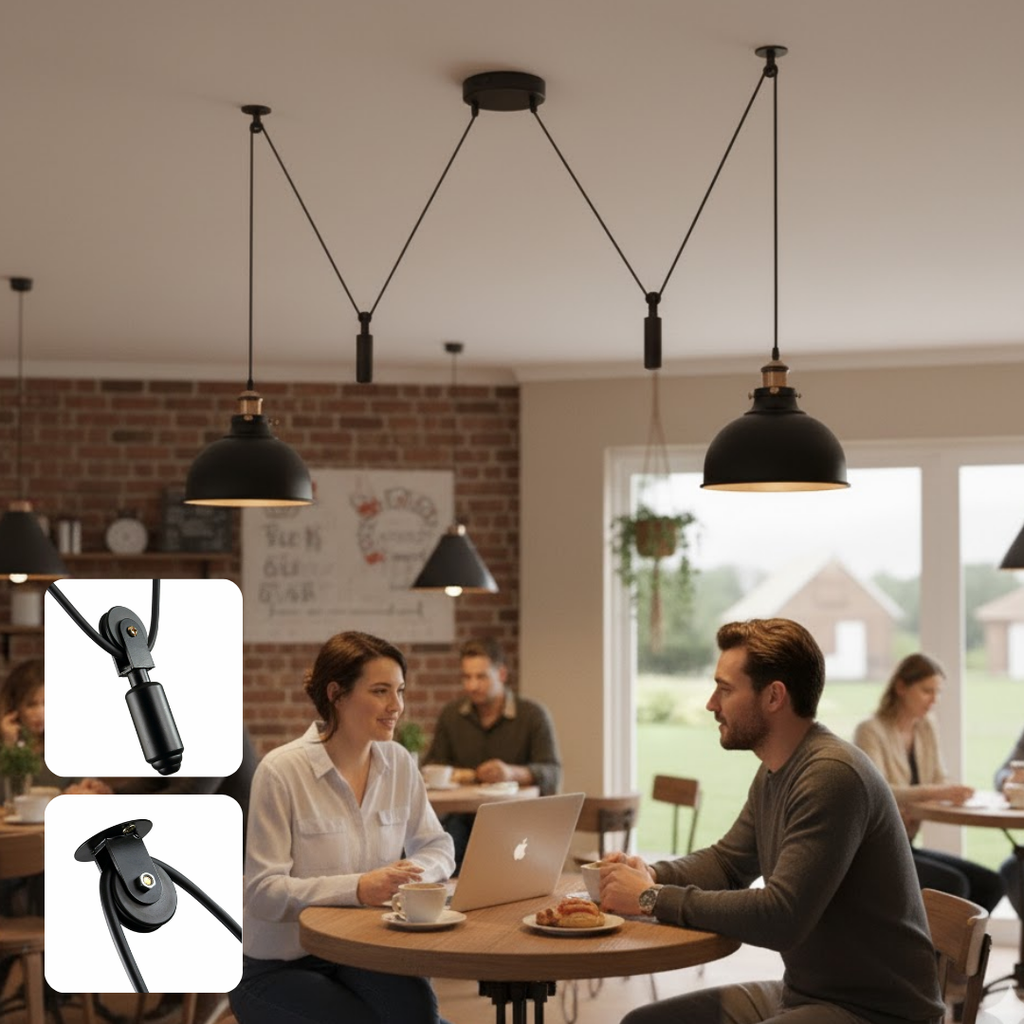 Industrial Matte Black Double Pulley Adjustable Pendant Light Fixture