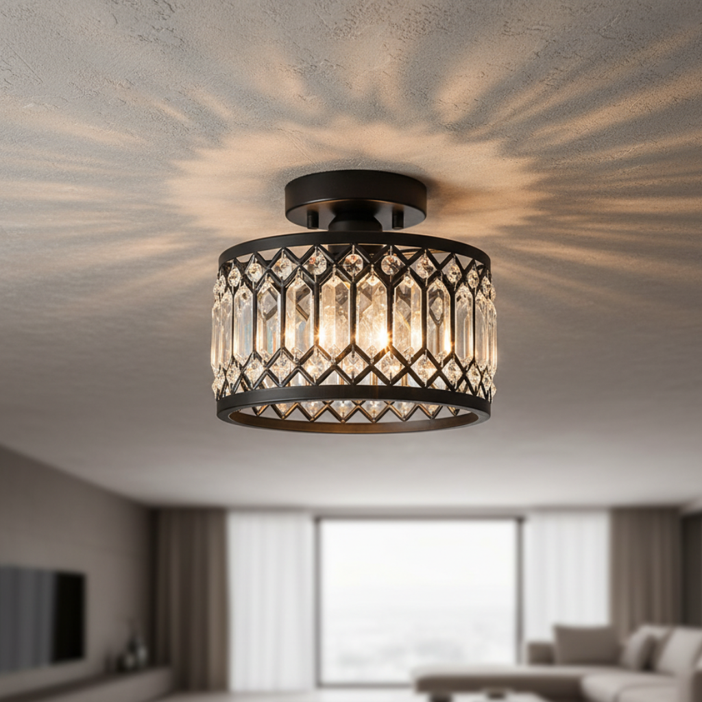 K9 Crystal Flush Mount Ceiling Light, Modern Industrial Black Metal Fixture
