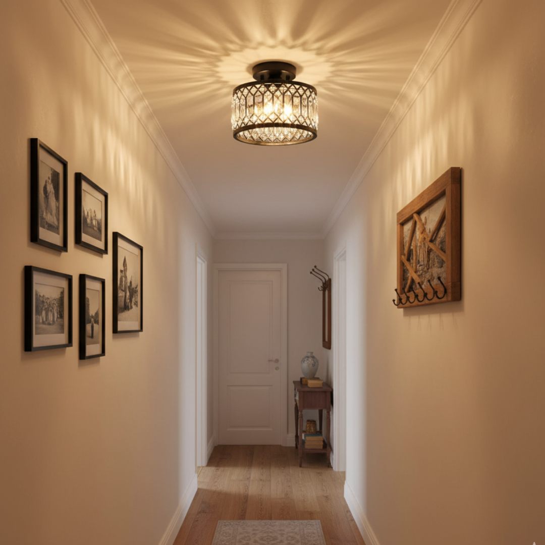 K9 Crystal Flush Mount Ceiling Light, Modern Industrial Black Metal Fixture