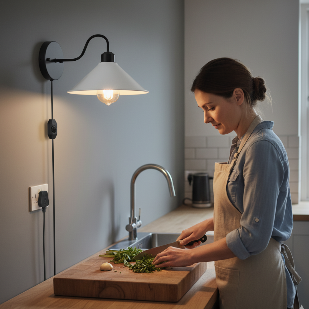 E27 Plug-in Dimmable Wall Light with Fabric Cord, Industrial Metal Design