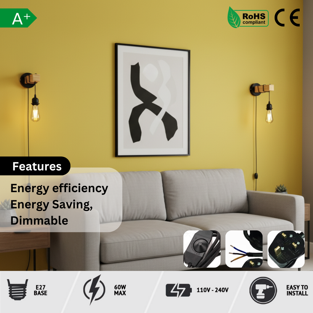 Dimmable Industrial Plug-In Wall Light: Real Wood Shelf, Metal Pipe Design