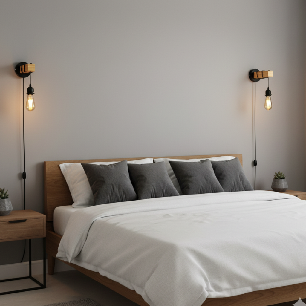 Dimmable Industrial Plug-In Wall Light: Real Wood Shelf, Metal Pipe Design
