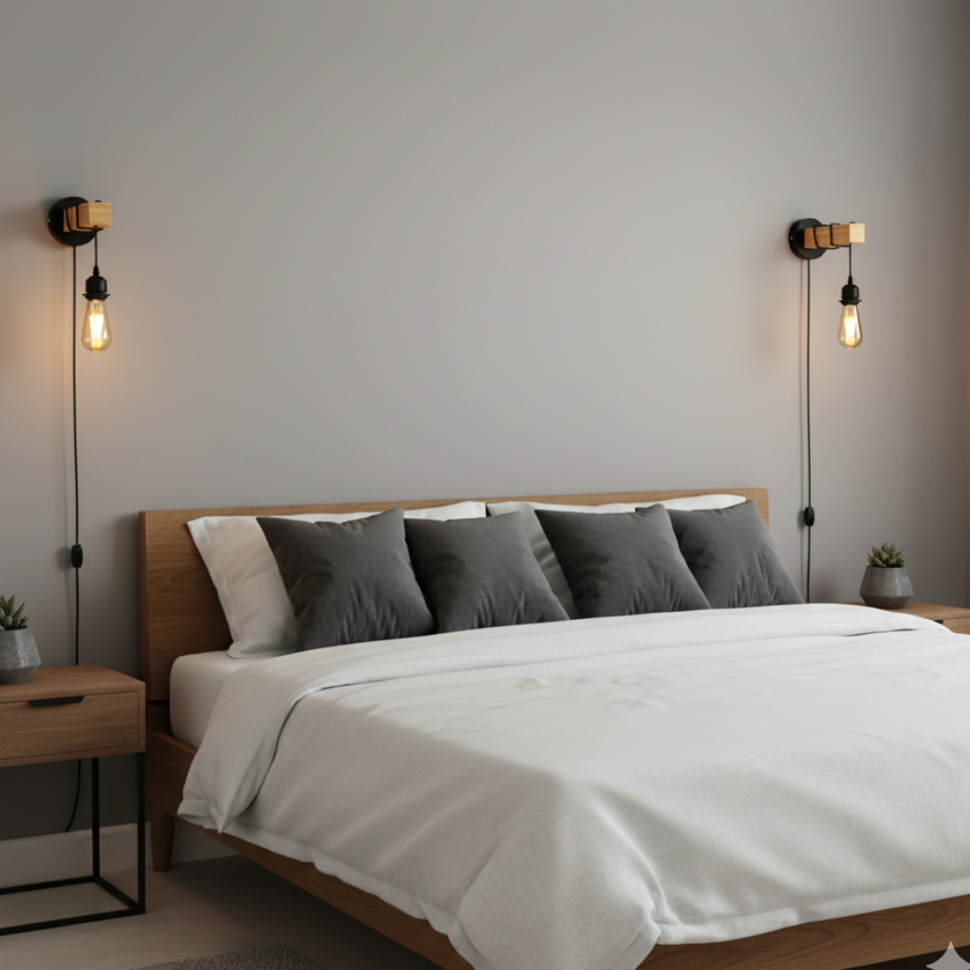 Dimmable Industrial Plug-In Wall Light: Real Wood Shelf, Metal Pipe Design