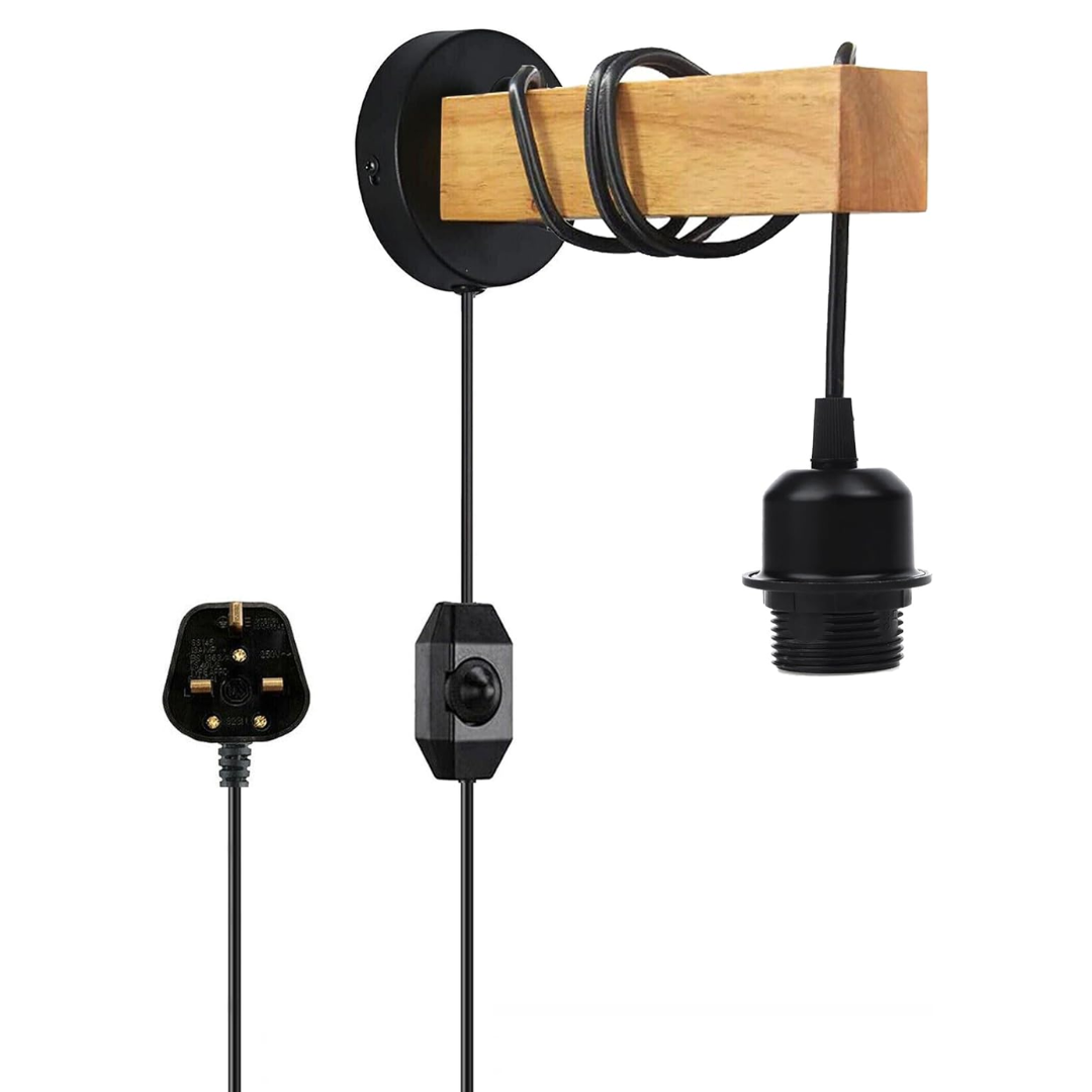 Dimmable Industrial Plug-In Wall Light: Real Wood Shelf, Metal Pipe Design