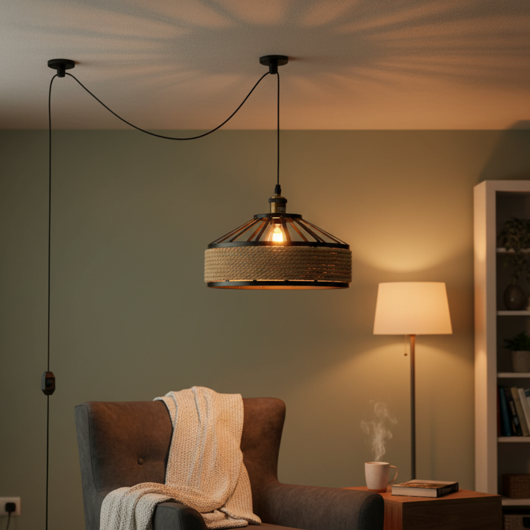 Boho-Chic Hemp Rope Plug-In Pendant Light Dimmer Vintage Industrial E27