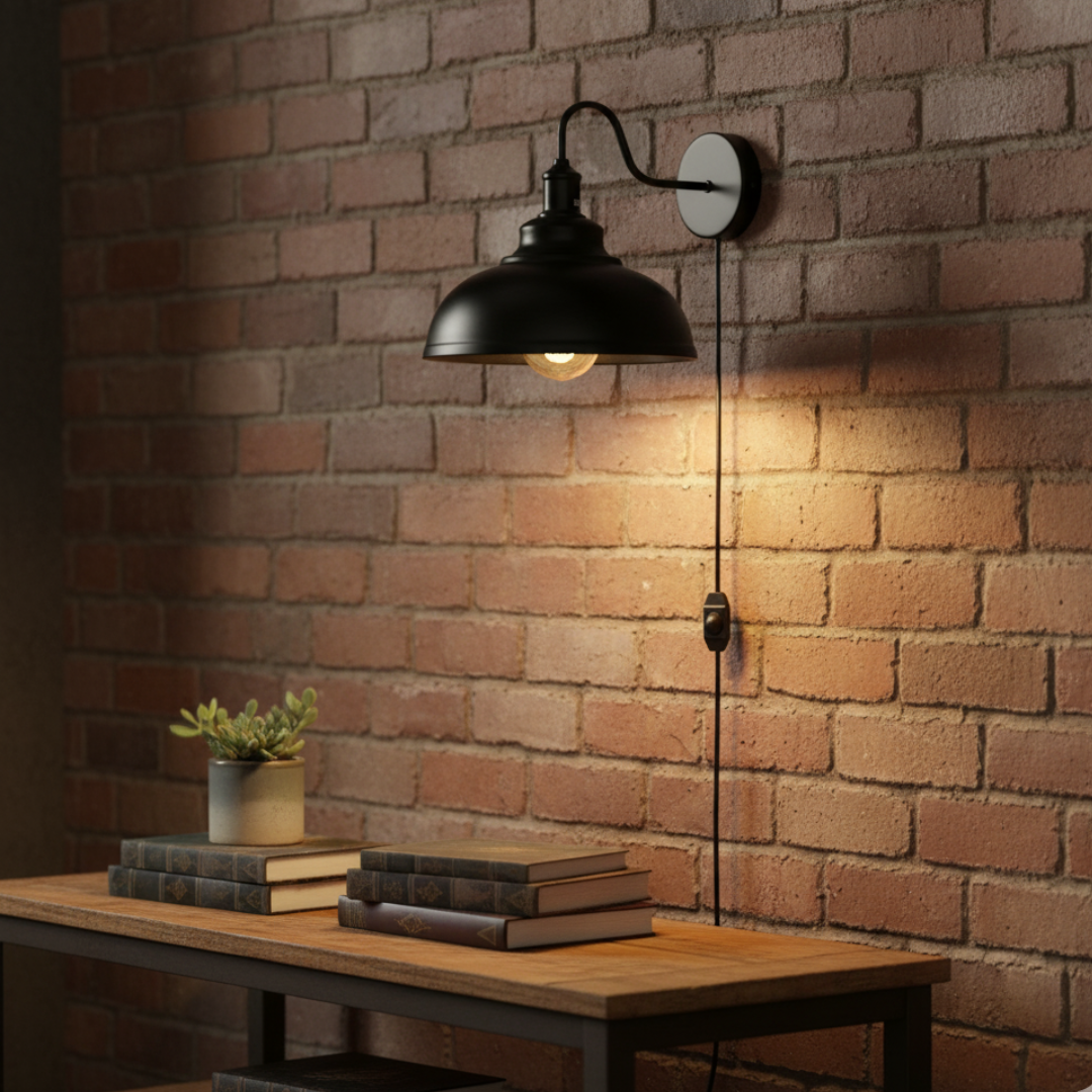 2m Black Plug-in Industrial Wall Sconce Light with Dimmer Switch