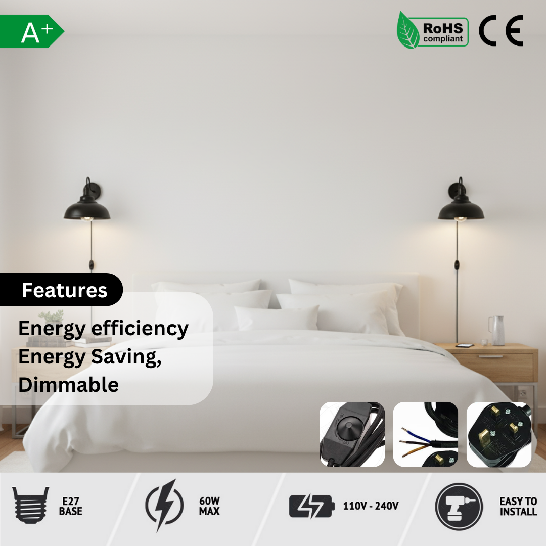 2m Black Plug-in Industrial Wall Sconce Light with Dimmer Switch
