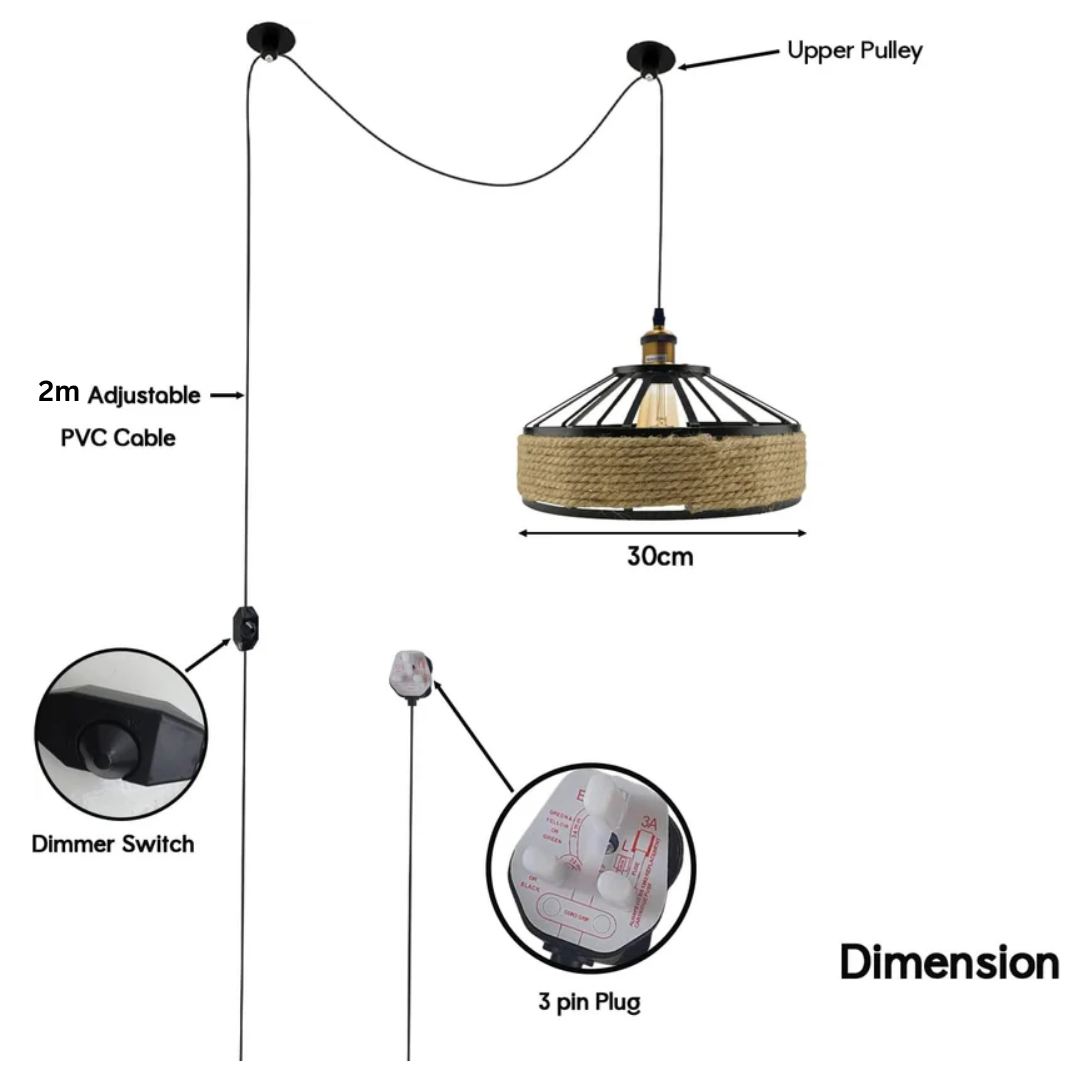Boho-Chic Hemp Rope Plug-In Pendant Light Dimmer Vintage Industrial E27