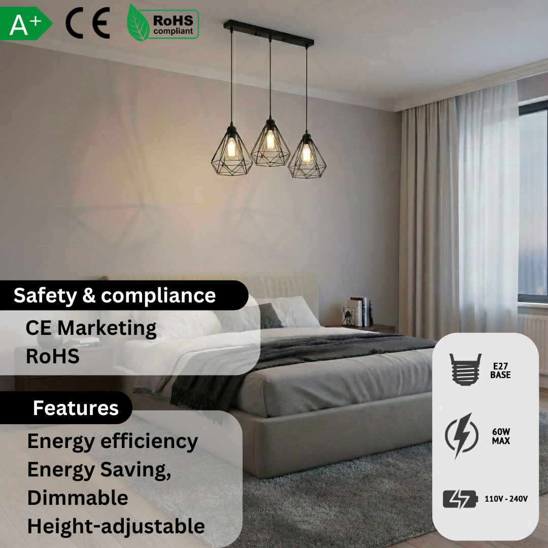 Adjustable Industrial Black Metal 3-Light E27 Dimmable Pendant Ceiling Light