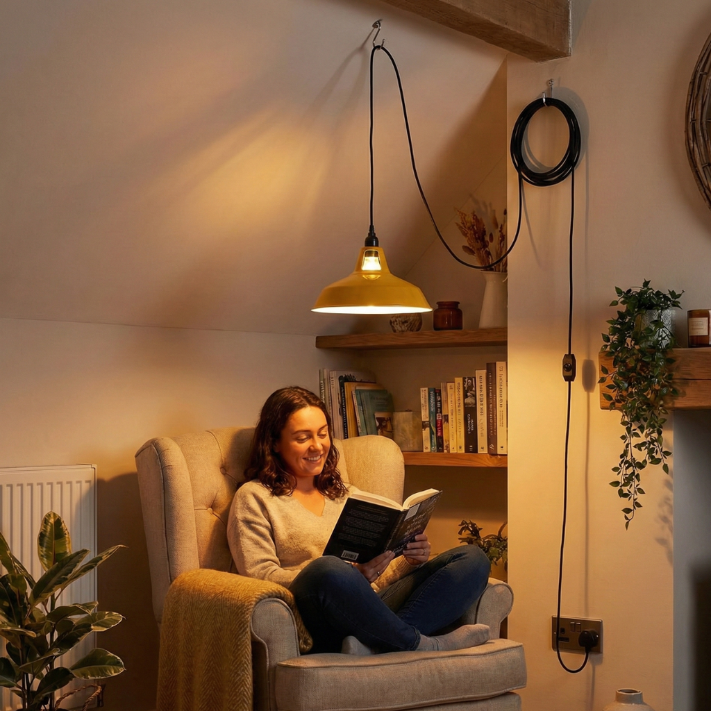 Industrial Plug-in Pendant Light with 12-inch Metal Shade and Dimmer