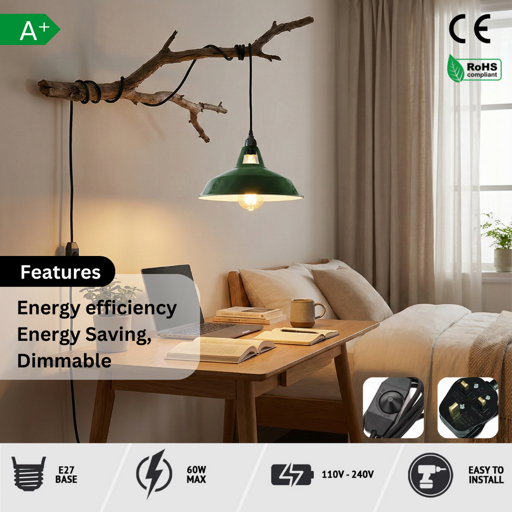 Industrial Plug-in Hanging Pendant Light, 13ft Cord, 11.8in Metal Shade & Dimmer