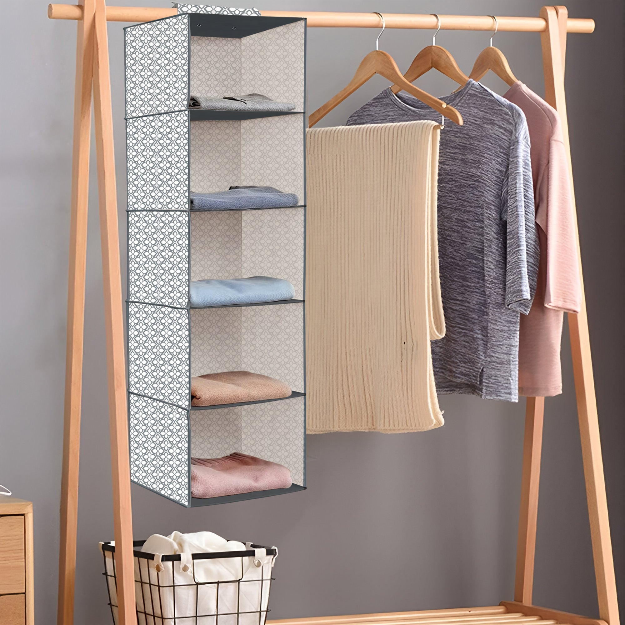 5-Shelf Fabric Hanging Closet Organizer Wardrobe Storage Unit Clothes Shelves