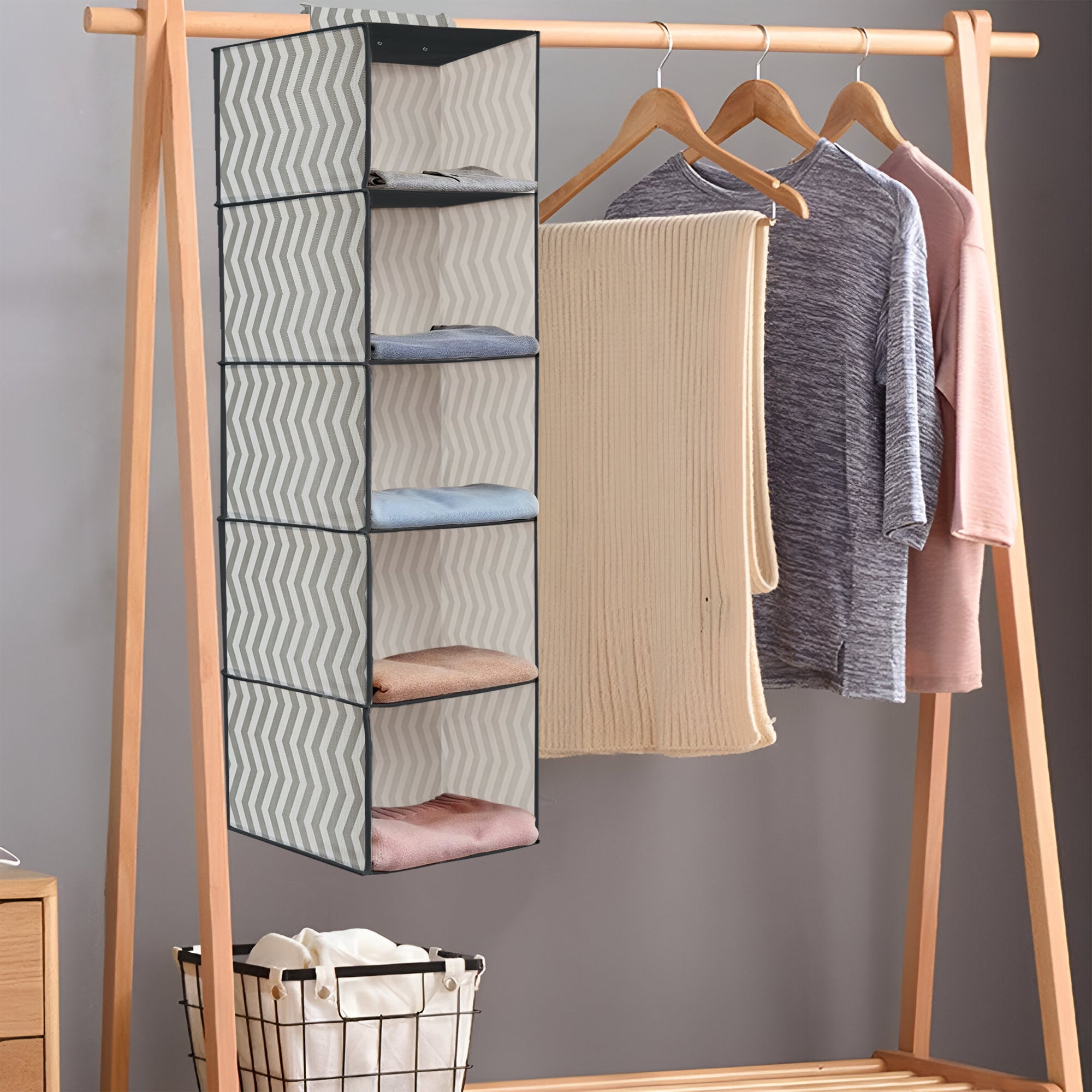 5-Shelf Fabric Hanging Closet Organizer Wardrobe Storage Unit Clothes Shelves