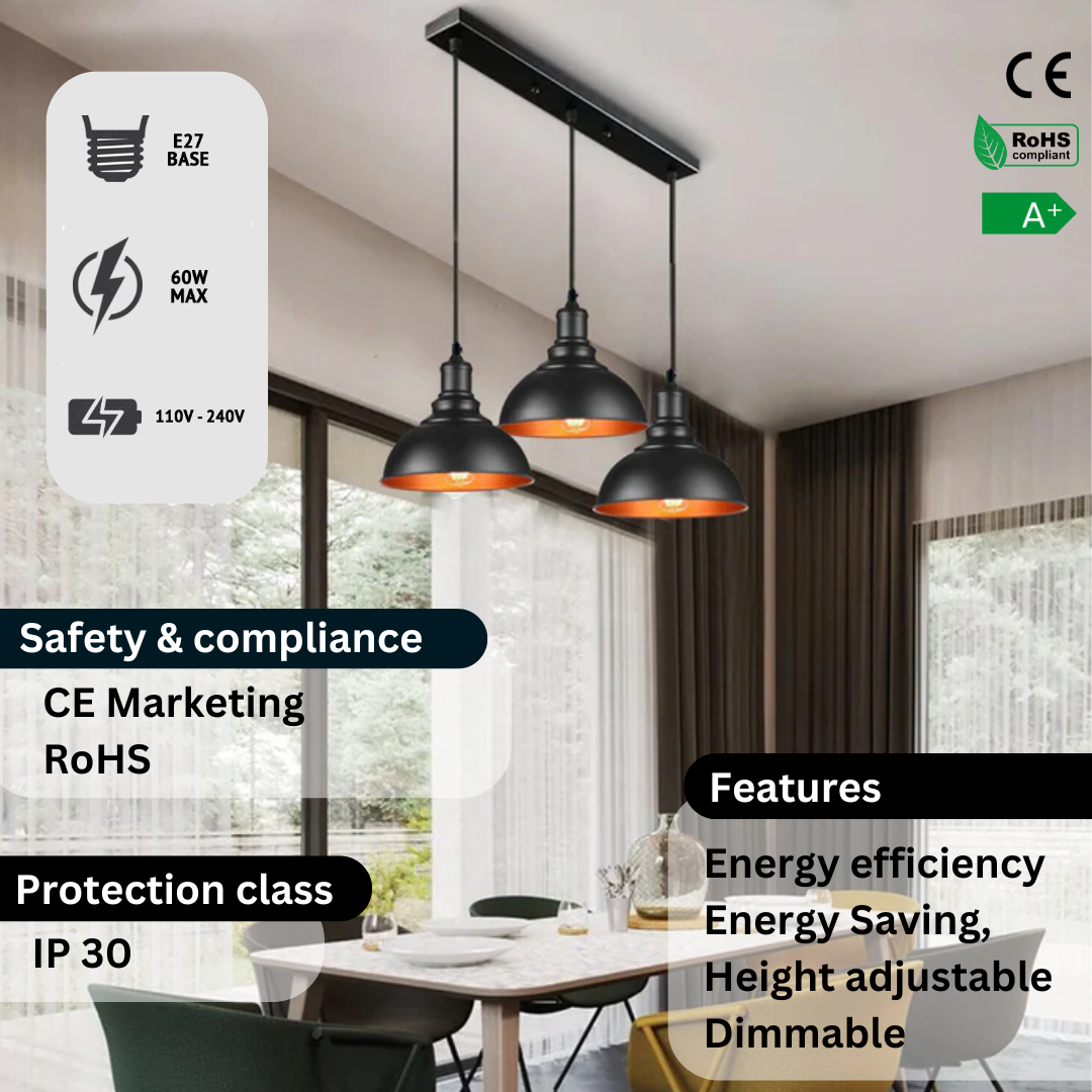 Black Industrial 3-Light Dome Pendant Adjustable Hanging Modern Ceiling Fixture