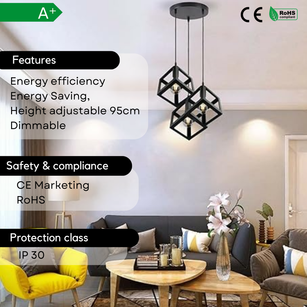 Industrial 3 Head Black Square Wire Cage Bar Pendant Light
