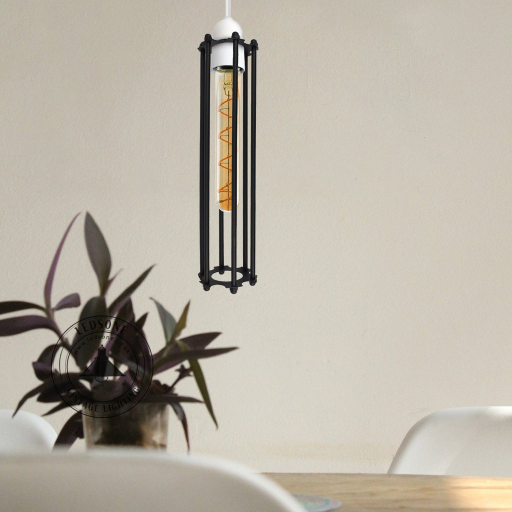 Black Metal Wire Cage Tube Pendant Light Shade Easy Fit Design