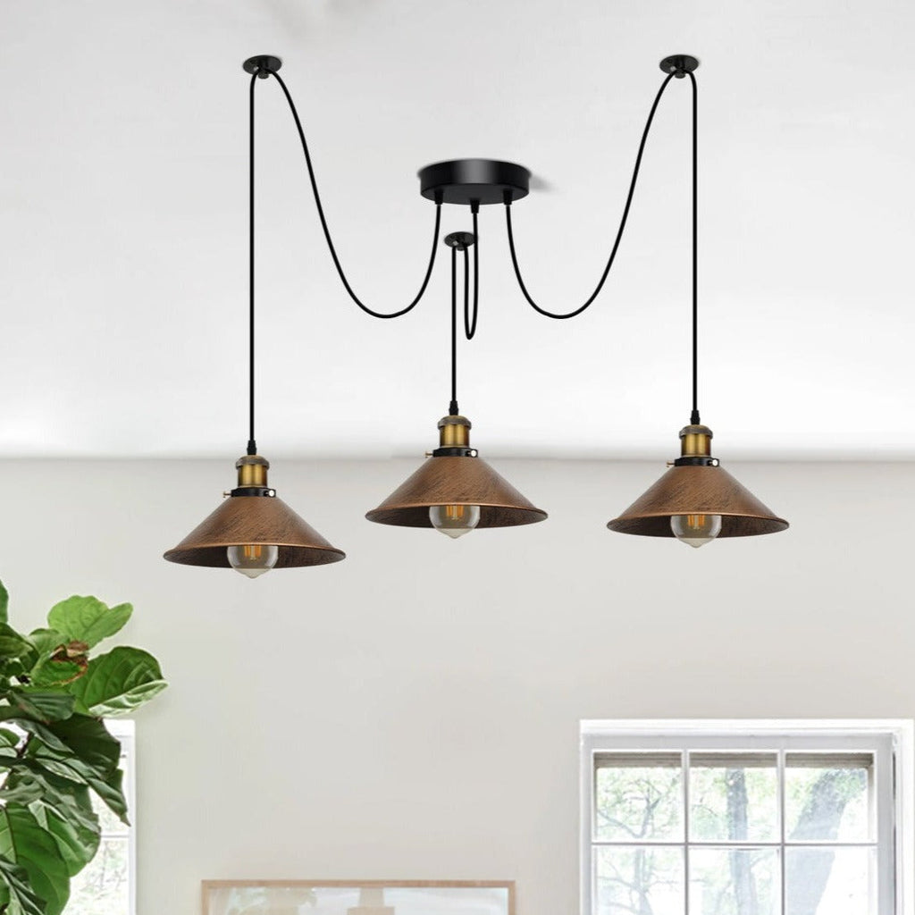 Elegant 3-Way Spider Pendant Light with Brushed Copper Shades, Adjustable Cables